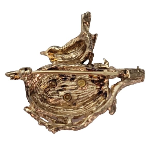 Anson Sterling Gold Vermeil Gemstone Eggs In Nest Bird Pin, Signed E748 - Picture 6 of 9